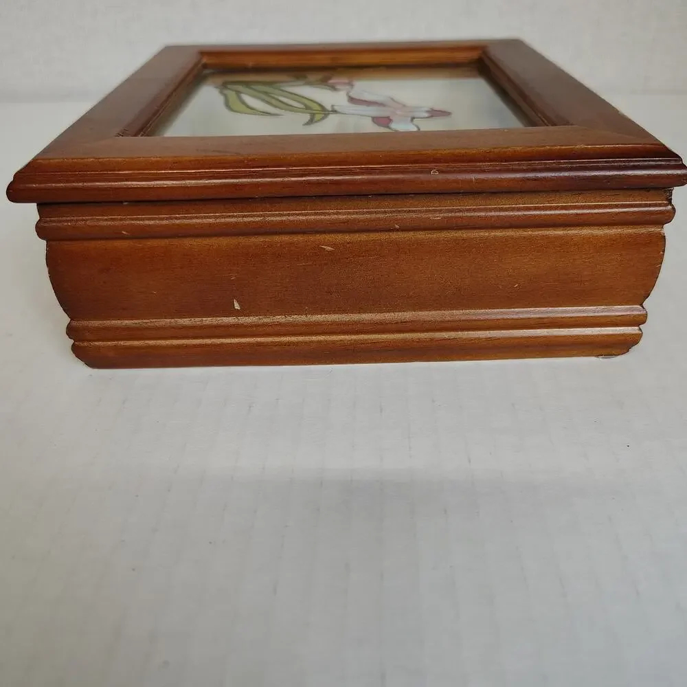 Wood Glass Top Jewelry Box Stained Glass Floral Ring Display Trinket Box